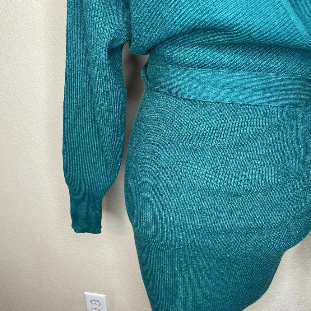 ZESICA Teal Ribbed Wrap Sweater Dress V-Neck Tie Waist Size S